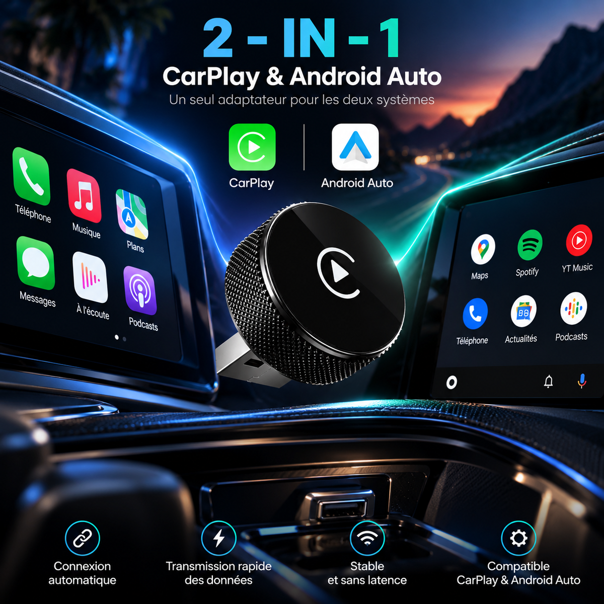 Adaptateur CarPlay & Android Auto Sans Fil – Pro